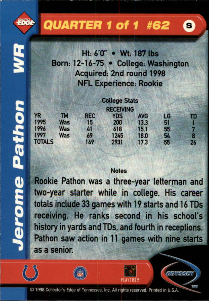 1998 Collector's Edge Odyssey #62 Jerome Pathon RC back image