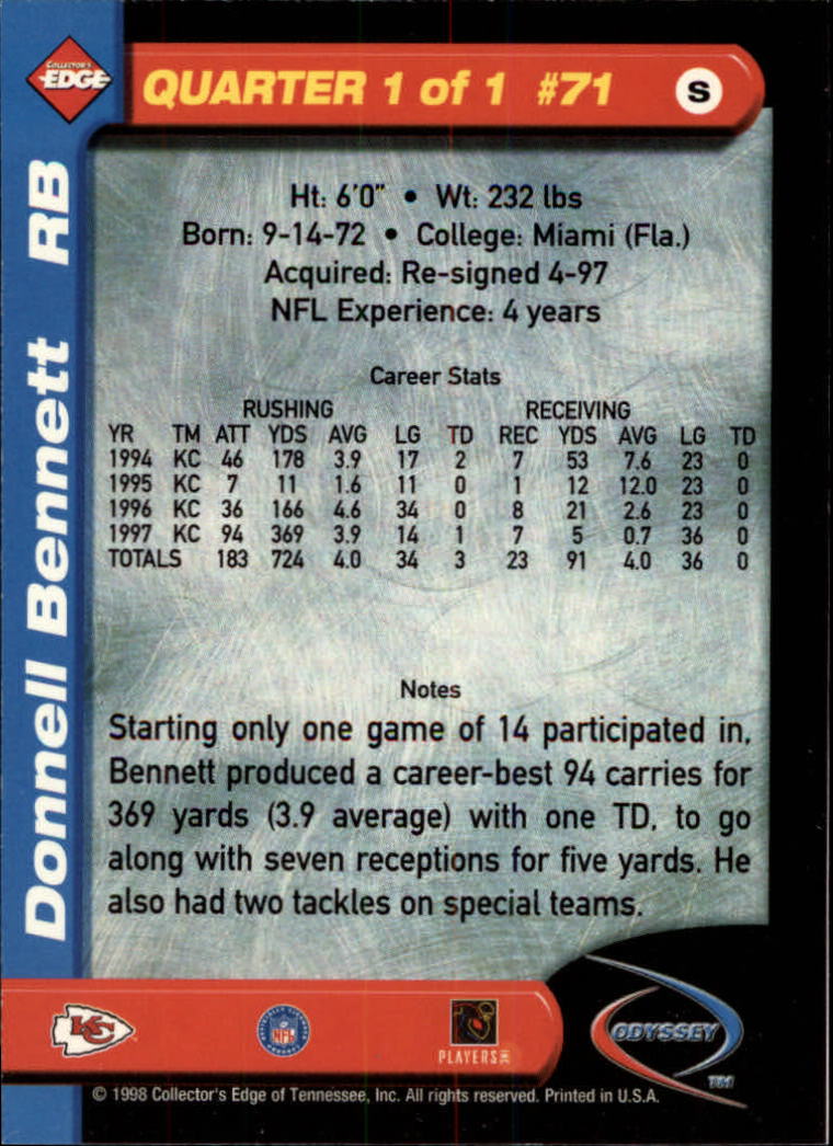 1998 Collector's Edge Odyssey #71 Donnell Bennett back image