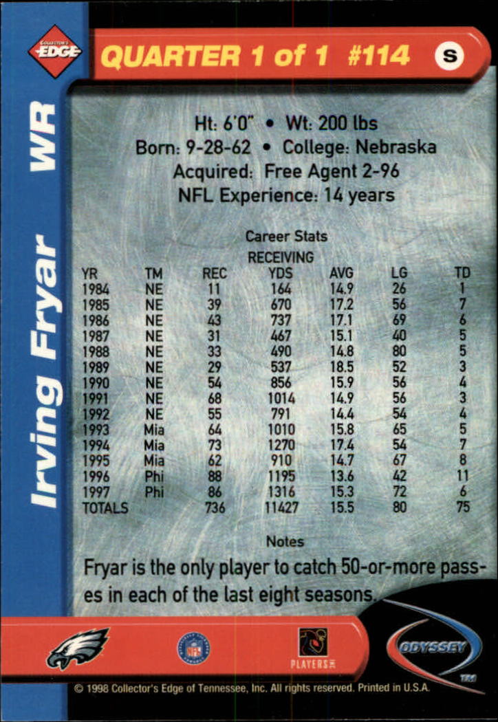 1998 Collector's Edge Odyssey #114 Irving Fryar back image