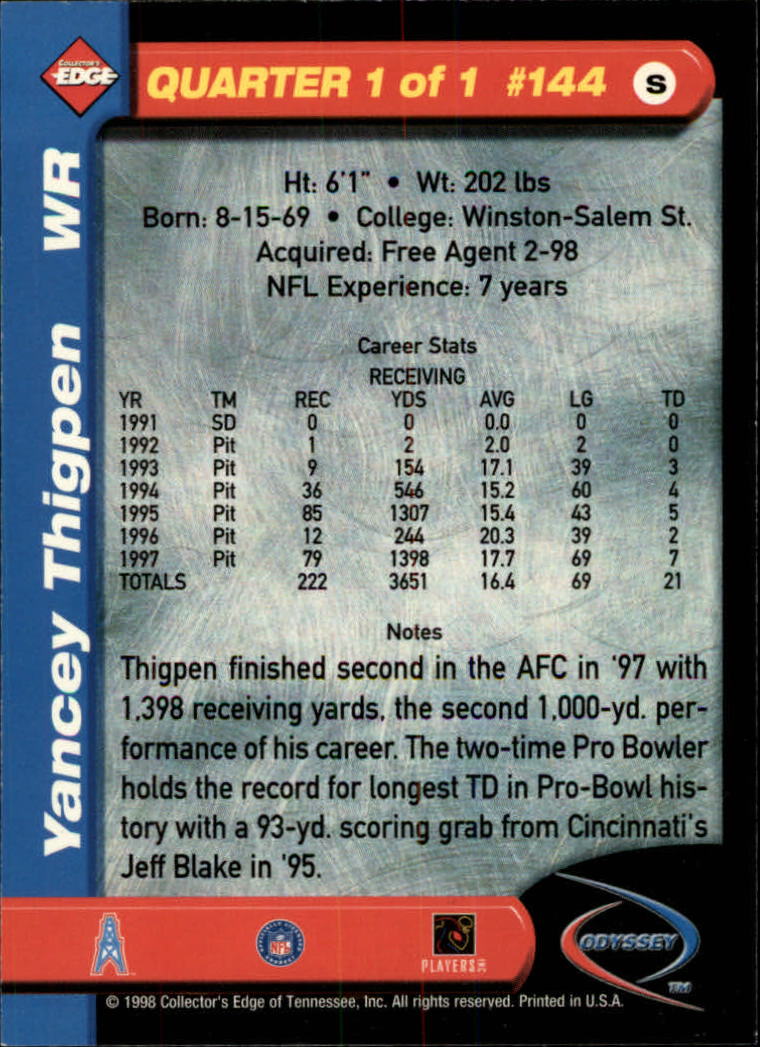 1998 Collector's Edge Odyssey #144 Yancey Thigpen back image