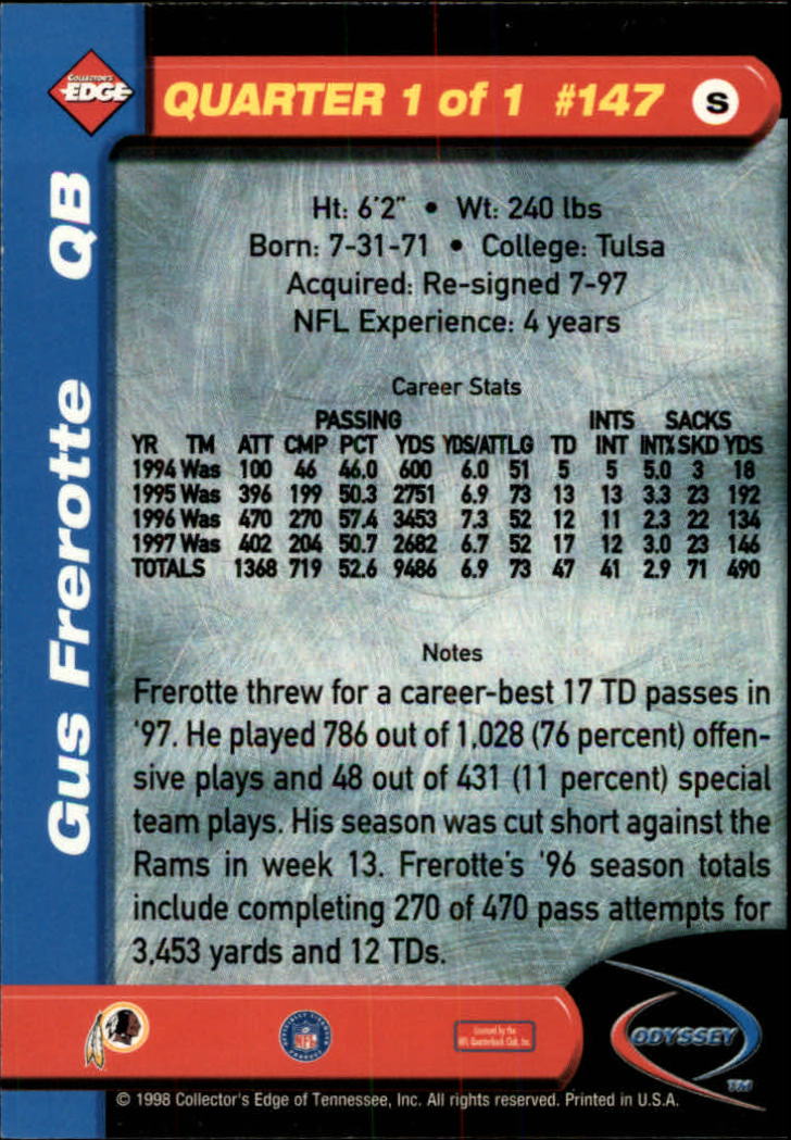 1998 Collector's Edge Odyssey #147 Gus Frerotte back image