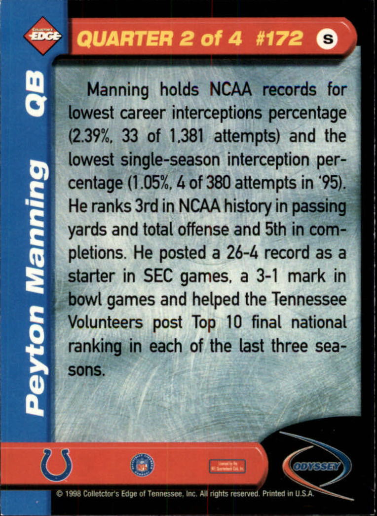 1998 Collector's Edge Odyssey #172 Peyton Manning 2Q back image