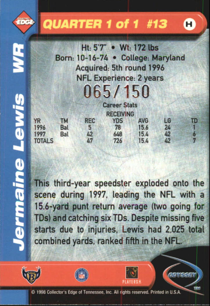 1998 Collector's Edge Odyssey Level 2 HoloGold #H13 Jermaine Lewis back image