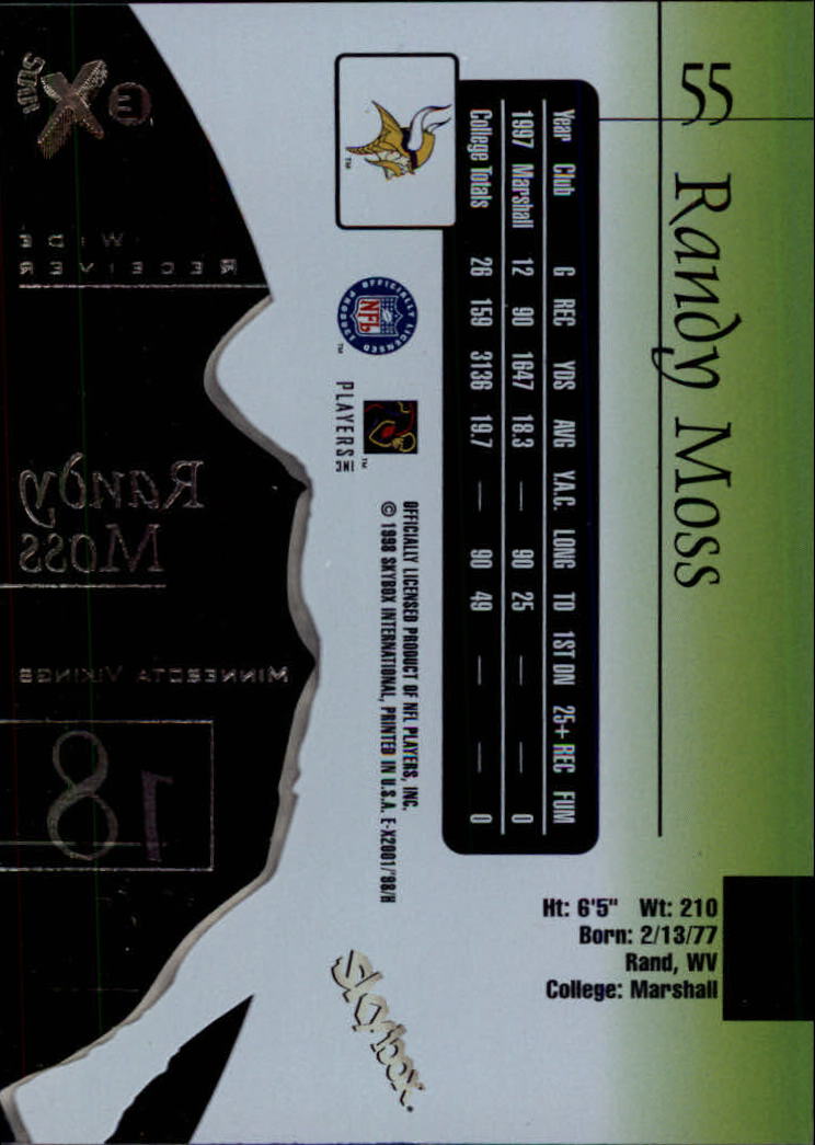 1998 E-X2001 #55 Randy Moss RC back image
