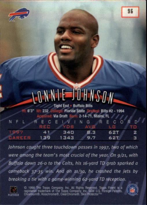 1998 Finest #96 Lonnie Johnson back image