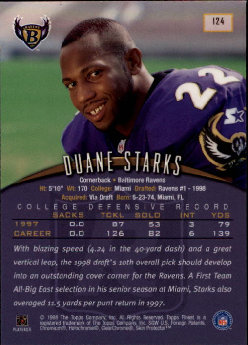 1998 Finest #124 Duane Starks RC back image