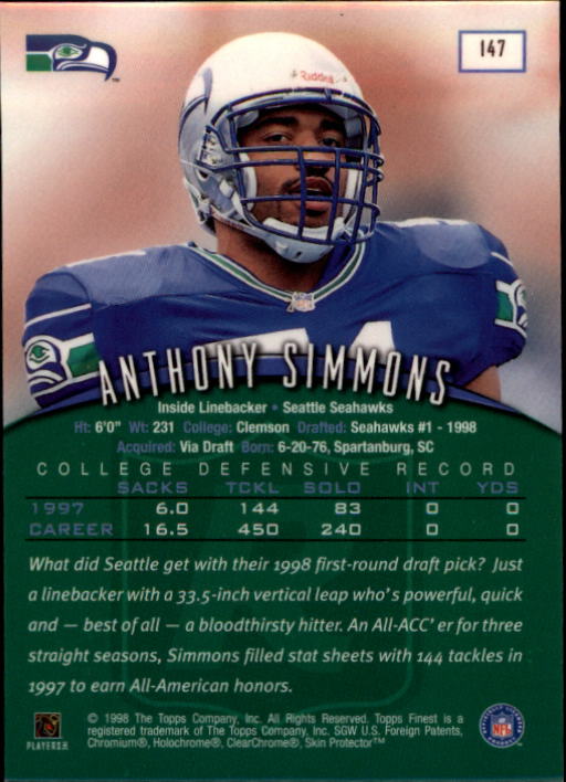 1998 Finest #147 Anthony Simmons RC back image
