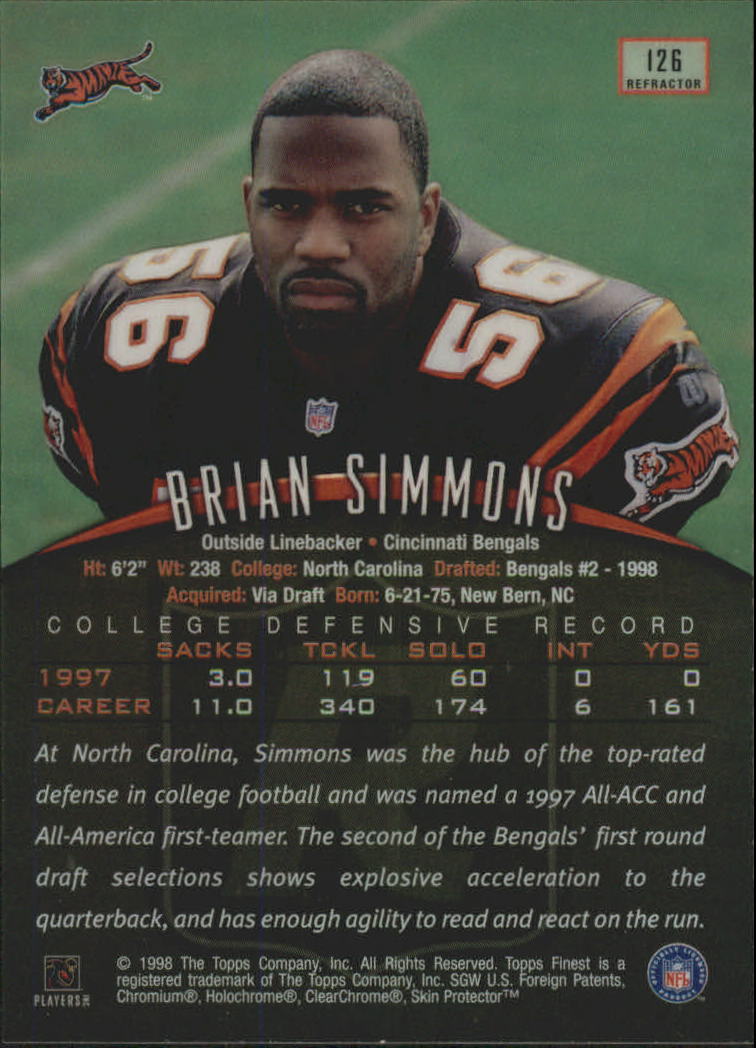 1998 Finest No-Protectors Refractors #126 Brian Simmons back image