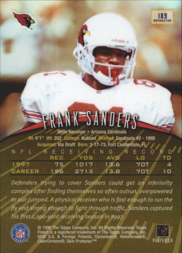 1998 Finest No-Protectors Refractors #189 Frank Sanders back image