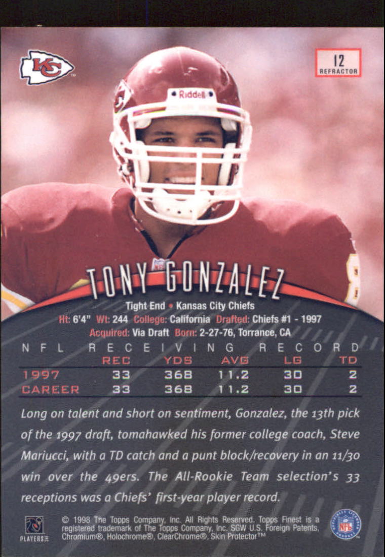 1998 Finest Refractors #12 Tony Gonzalez back image