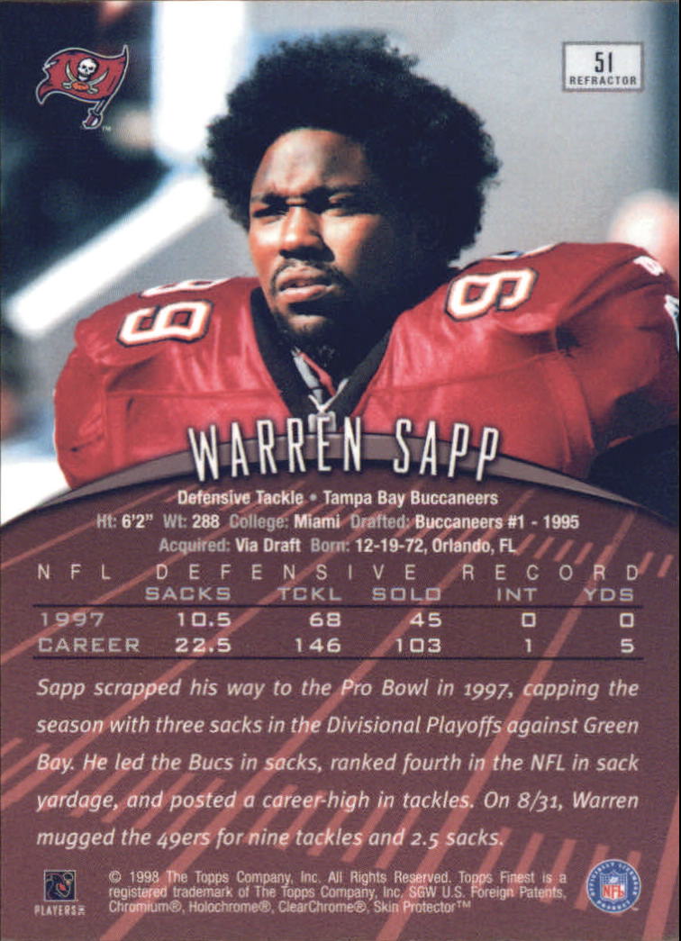 1998 Finest Refractors #51 Warren Sapp back image