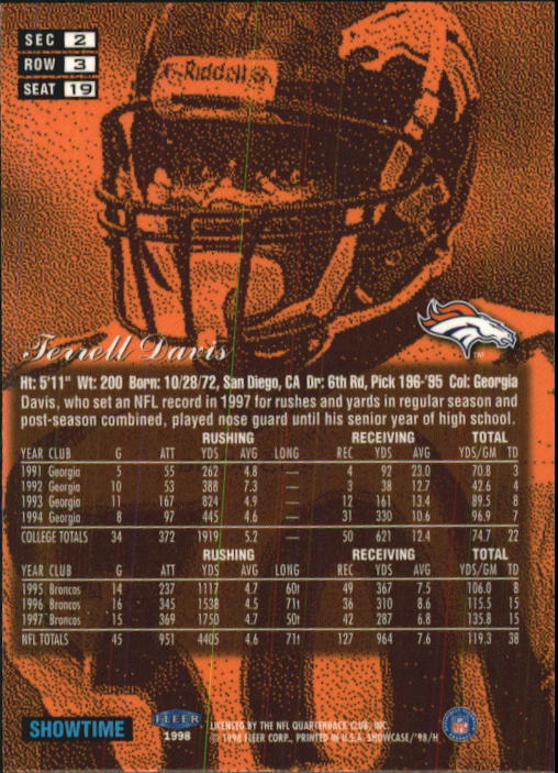 1998 Flair Showcase (Fleer) Football "Row 3" Main Set Base Cards - Picture 29 of 97