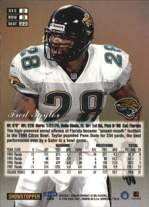 1998 Flair Showcase Row 3 #22 Fred Taylor RC back image