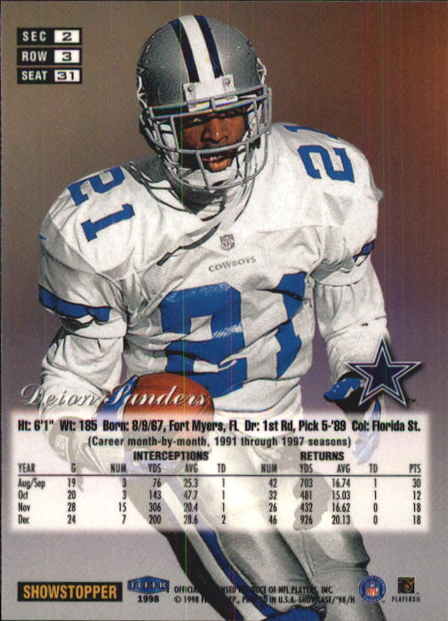 Cowboys Deion Sanders Signed 1998 Flair Showcase Row 3 #31 Card