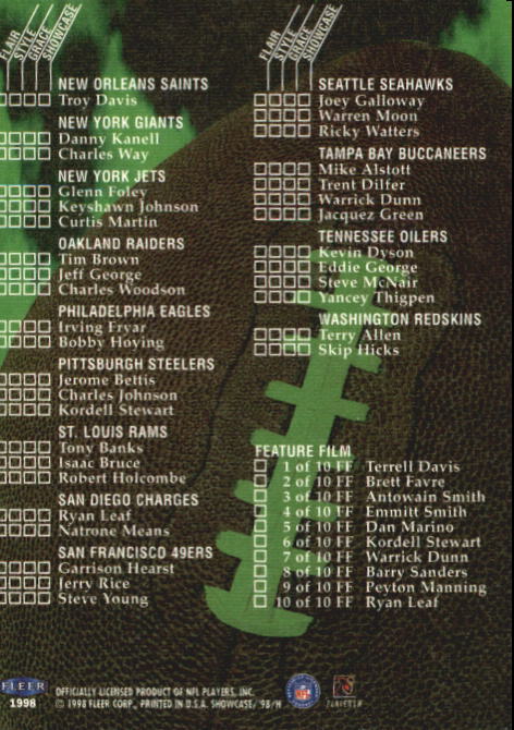 1998 Flair Showcase (Fleer) Football "Row 3" Main Set Base Cards - Picture 96 of 97