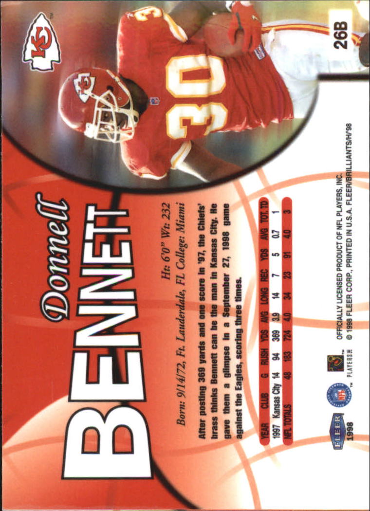 1998 Fleer Brilliants Blue #26 Donnell Bennett back image