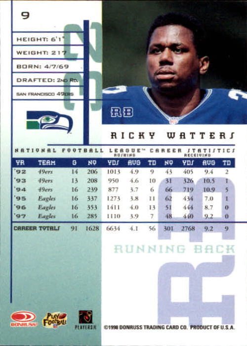 1998 Leaf Rookies and Stars #9 Ricky Watters back image