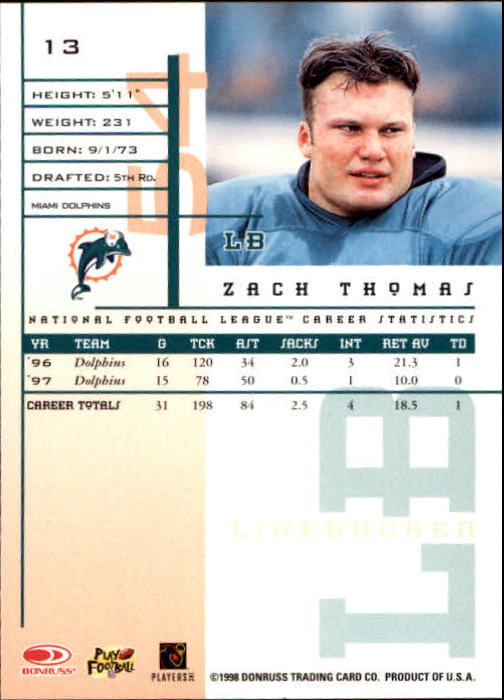 1998 Leaf Rookies and Stars #13 Zach Thomas back image