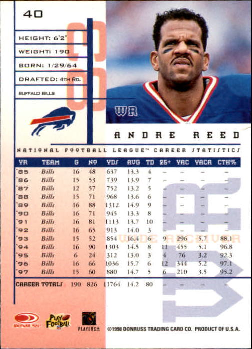 1998 Leaf Rookies and Stars #40 Andre Reed back image