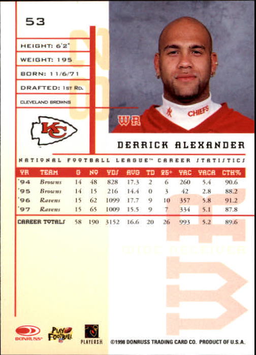 1998 Leaf Rookies and Stars #53 Derrick Alexander back image