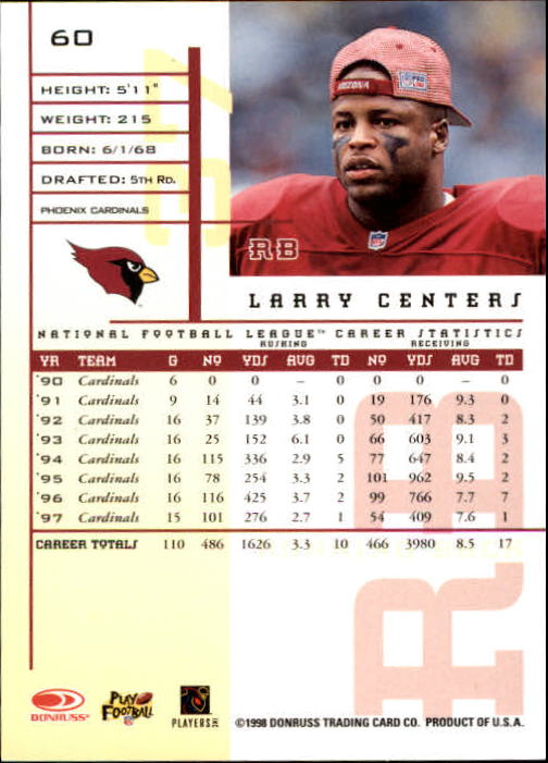 1998 Leaf Rookies and Stars #60 Larry Centers back image