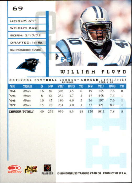1998 Leaf Rookies and Stars #69 William Floyd back image