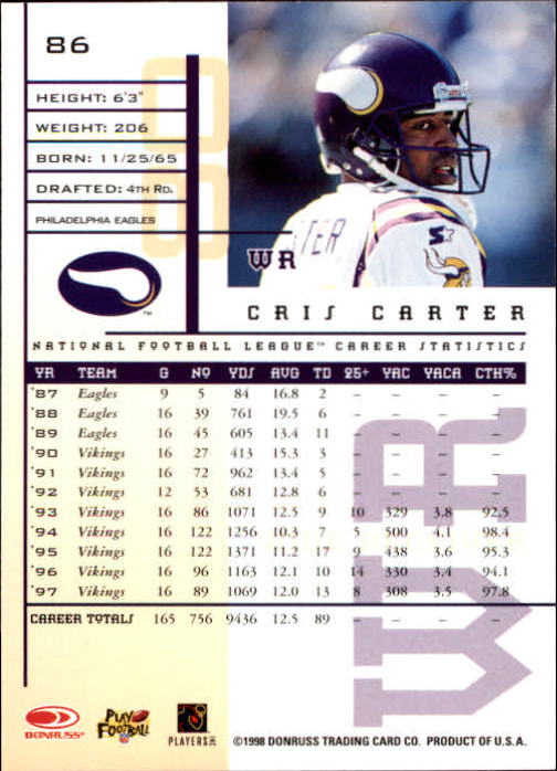 1998 Leaf Rookies and Stars #86 Cris Carter back image