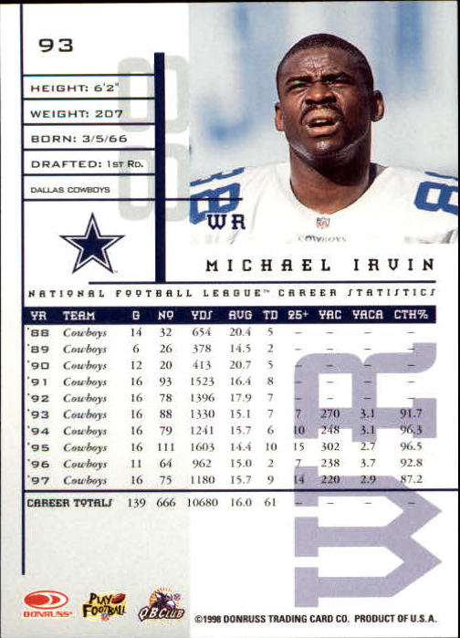 1998 Leaf Rookies and Stars #93 Michael Irvin back image
