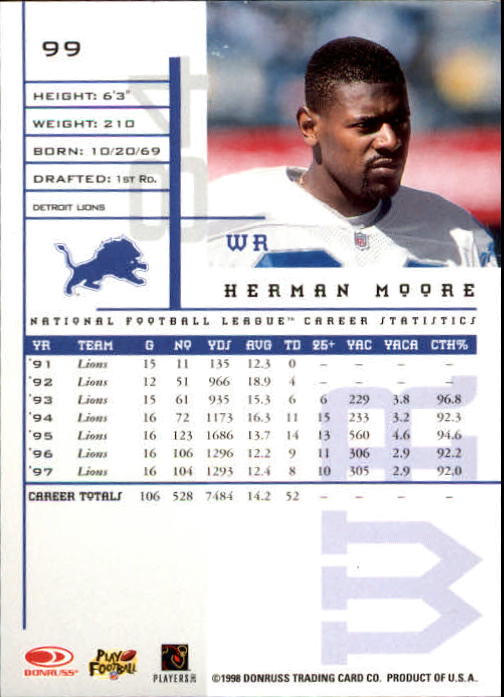 1998 Leaf Rookies and Stars #99 Herman Moore back image