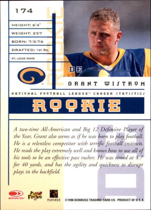 1998 Leaf Rookies and Stars #174 Grant Wistrom RC back image