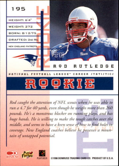 1998 Leaf Rookies and Stars #195 Rod Rutledge RC back image