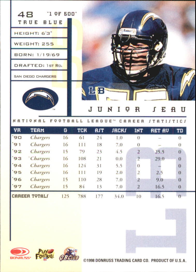 1998 Leaf Rookies and Stars True Blue #48 Junior Seau back image