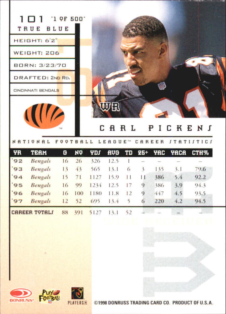 1998 Leaf Rookies and Stars True Blue #101 Carl Pickens back image