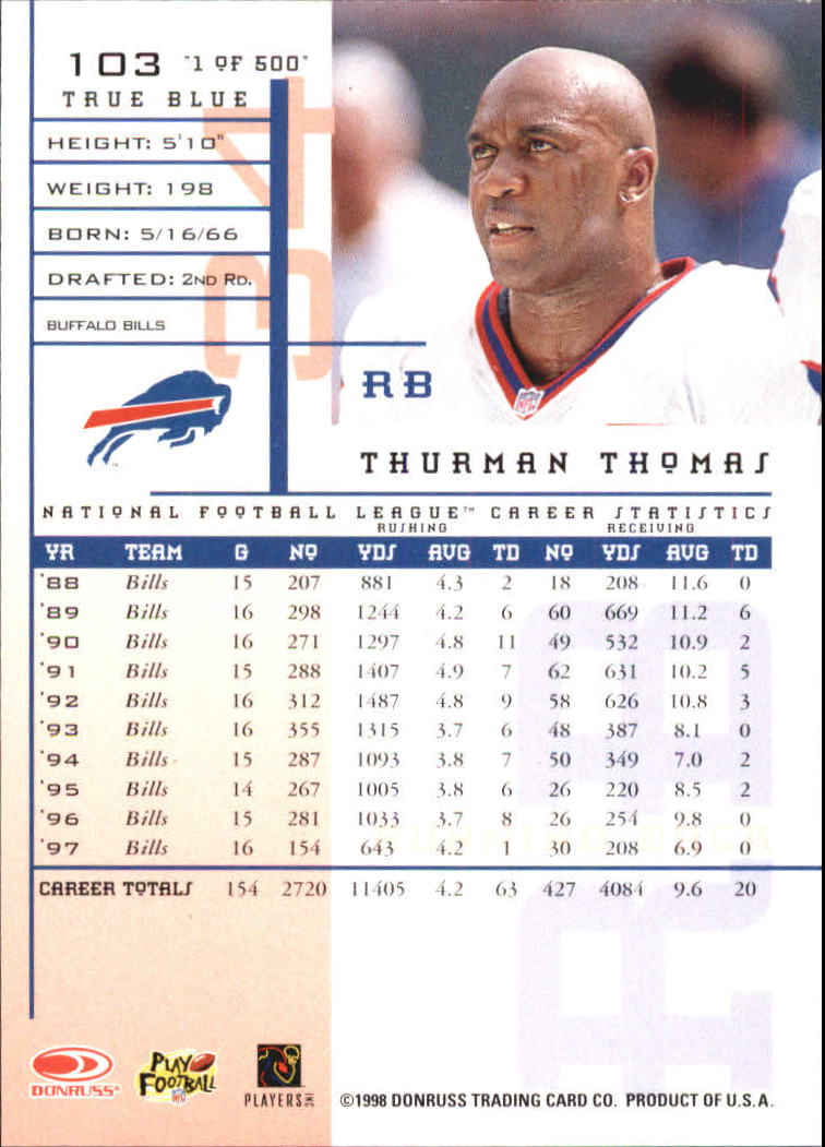 1998 Leaf Rookies and Stars True Blue #103 Thurman Thomas back image