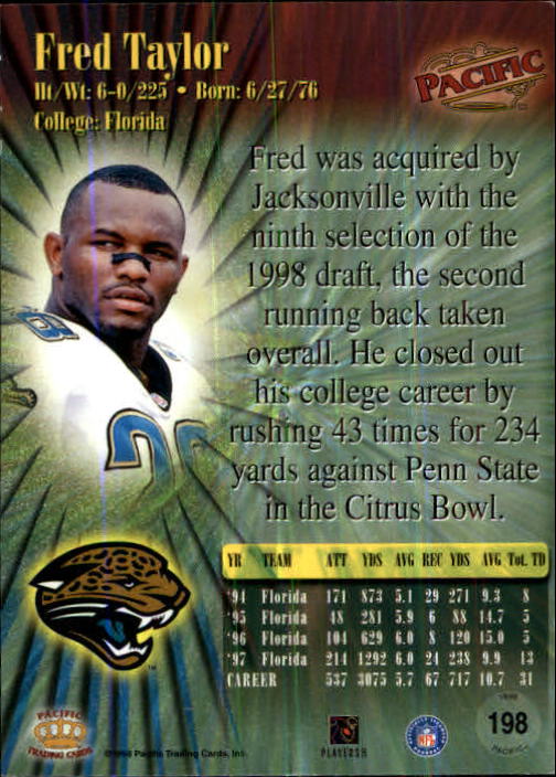 1998 Pacific #198 Fred Taylor RC back image
