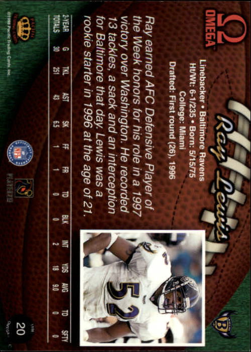 1998 Pacific Omega #20 Ray Lewis back image