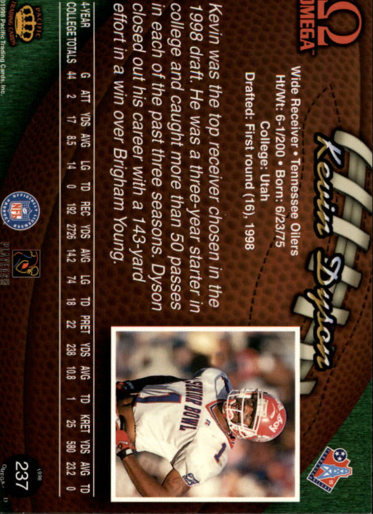 1998 Pacific Omega #237 Kevin Dyson RC back image
