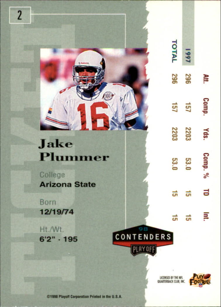 1998 Playoff Contenders Ticket #2 Jake Plummer back image
