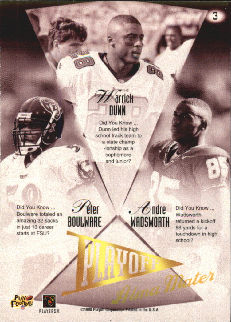 1998 Playoff Prestige Alma Maters #3 Warrick Dunn/Andre Wadsworth/Peter Boulware back image