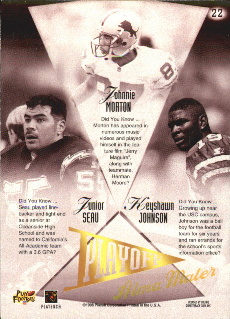 1998 Playoff Prestige Alma Maters #22 Junior Seau/Keyshawn Johnson/Johnnie Morton back image