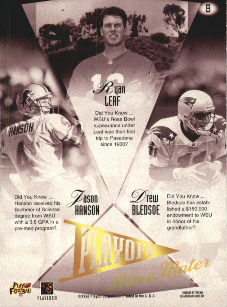 1998 Playoff Prestige Alma Maters Blue #8 Ryan Leaf/Drew Bledsoe/Brian Hansen back image