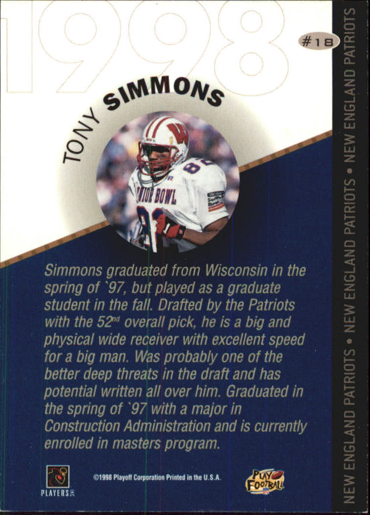 1998 Playoff Prestige Draft Picks Bronze #18 Tony Simmons back image