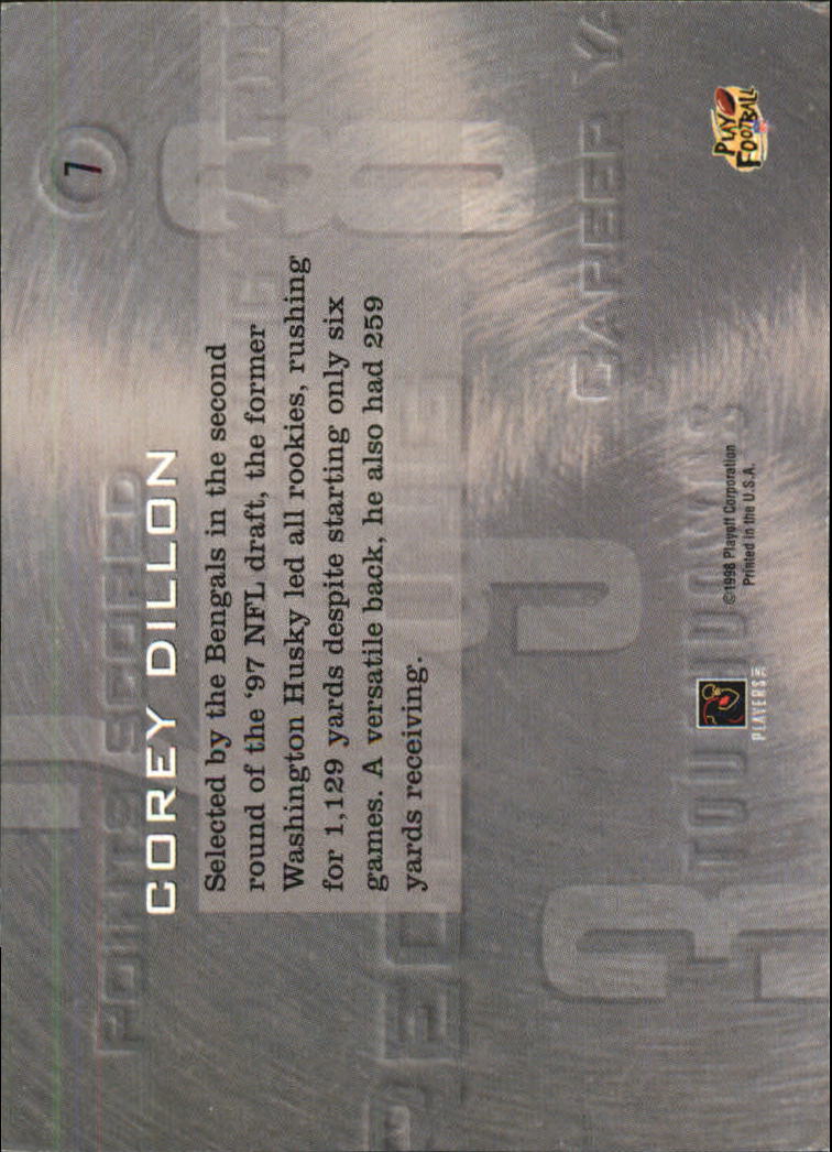 1998 Playoff Prestige Inside the Numbers Non-Die Cut #7 Corey Dillon UER back image