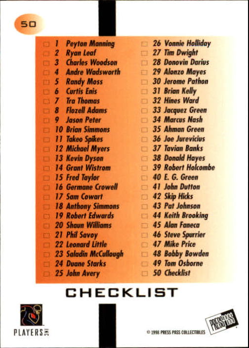 1998 Press Pass #50 Peyton Manning CL back image
