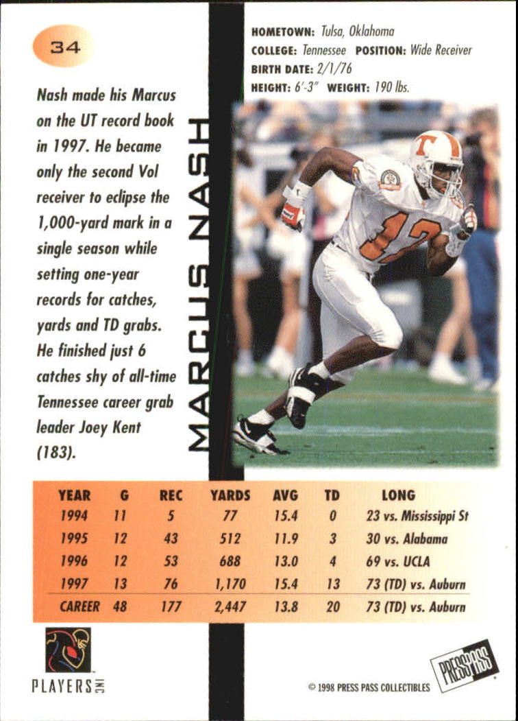1998 Press Pass Paydirt Red #34 Marcus Nash back image