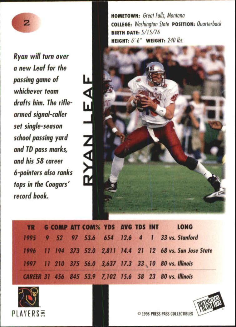 1998 Press Pass Pick Offs Blue #2 Ryan Leaf back image