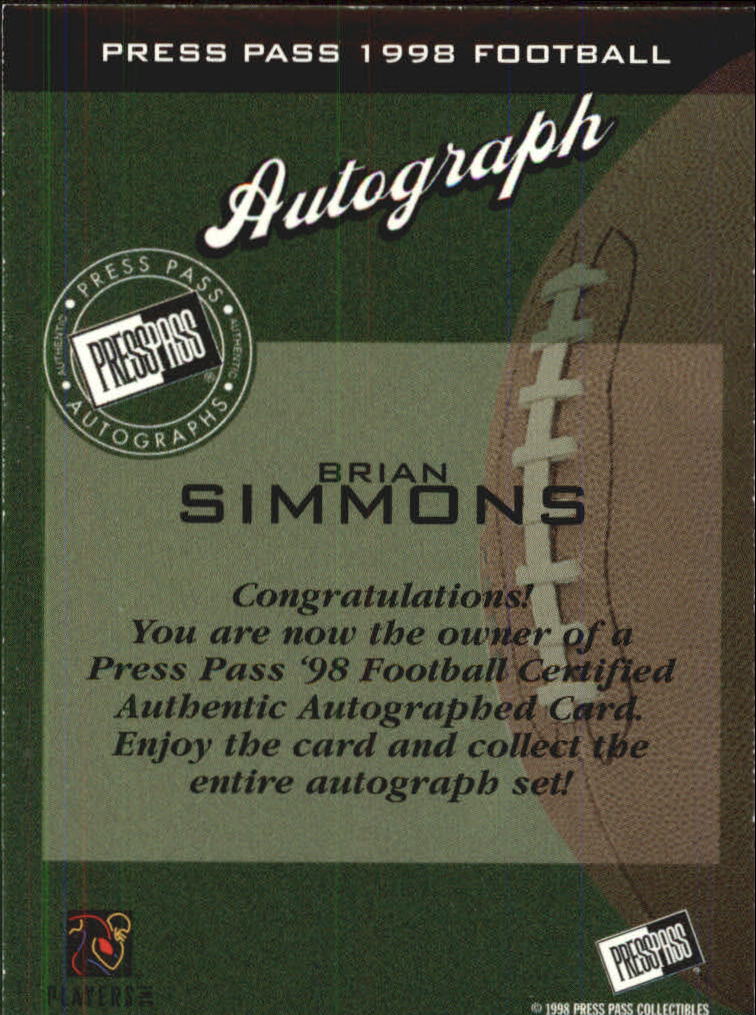 1998 Press Pass Autographs #10 Brian Simmons back image