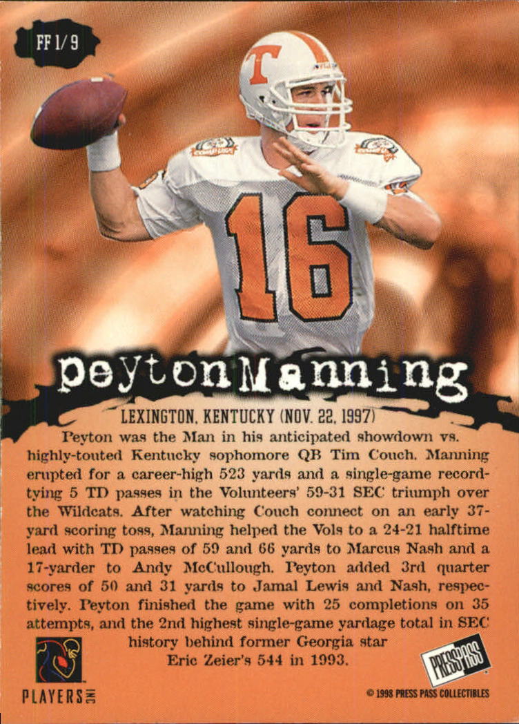 1998 Press Pass Fields of Fury #FF1 Peyton Manning back image