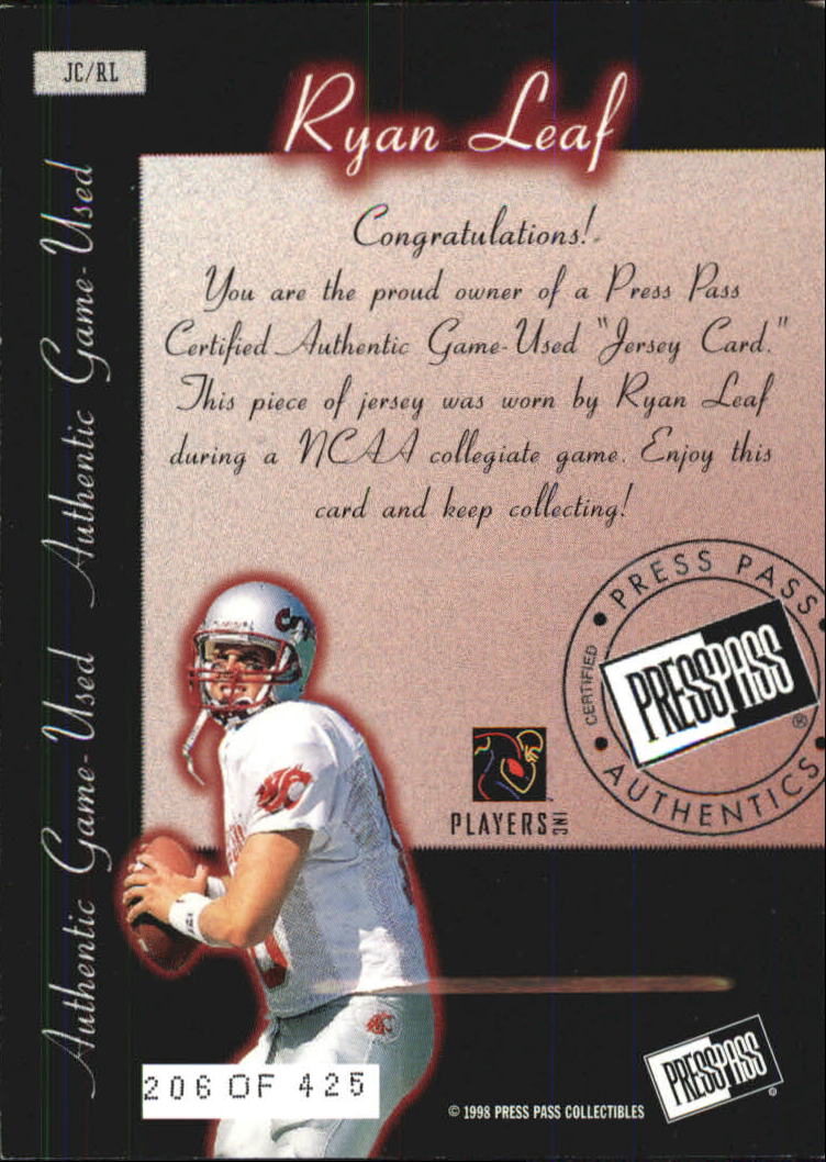 1998 Press Pass Game Jerseys #JC2 Ryan Leaf back image