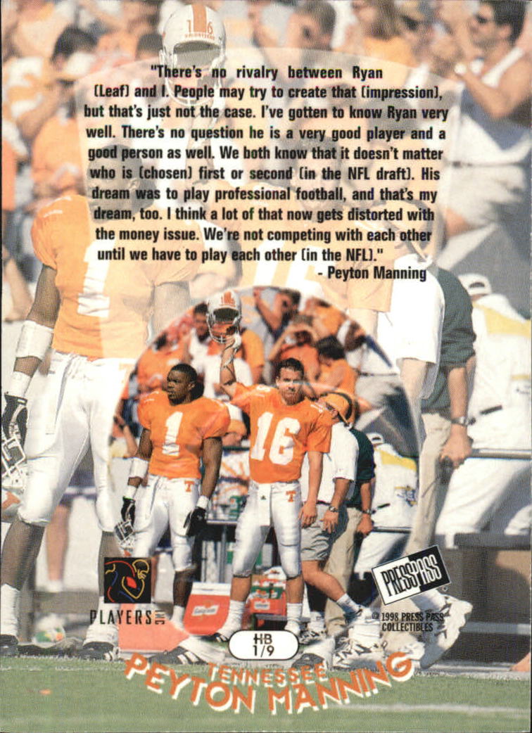 1998 Press Pass Head Butt #HB1 Peyton Manning back image